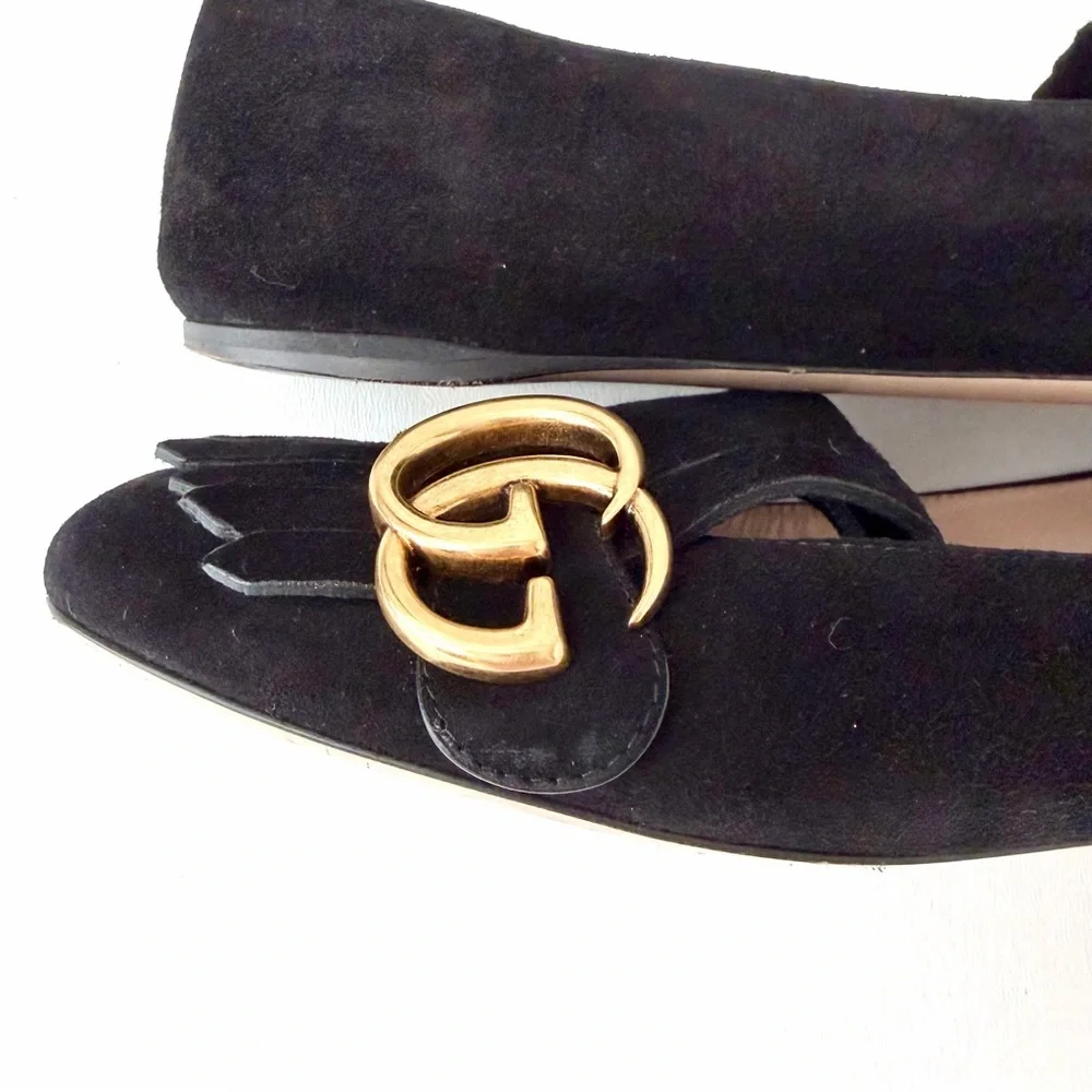 GUCCI | Marmont GG Fringe Suede Ballet Flats Black Gold Logo Size 37